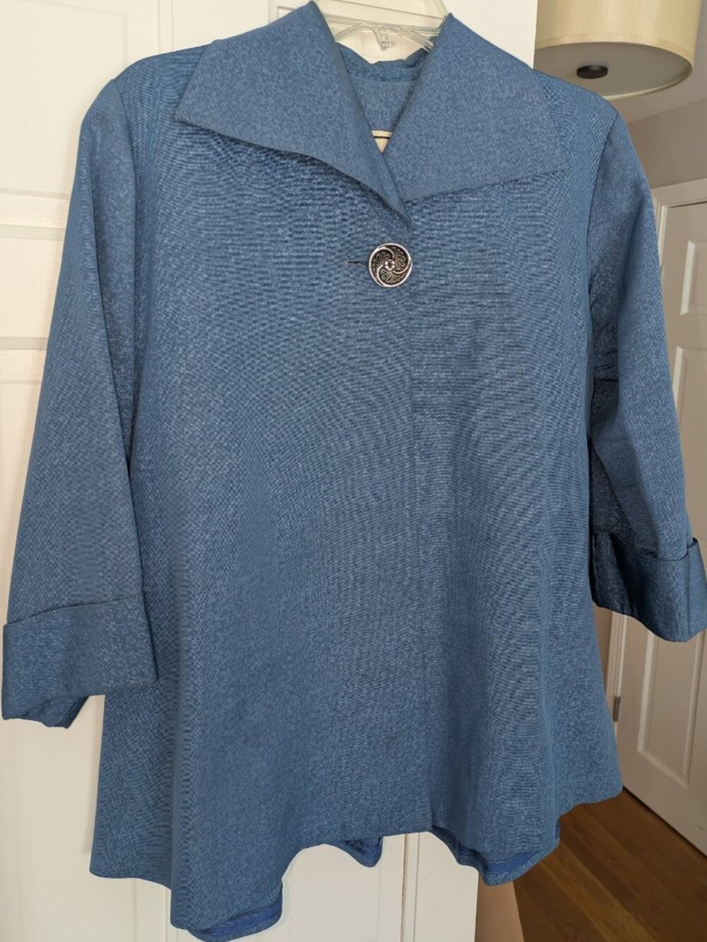 Rare Vtg 50s 60s Marshall Field Blue Silk Faille Swing Coat Jacket Ornate Button
